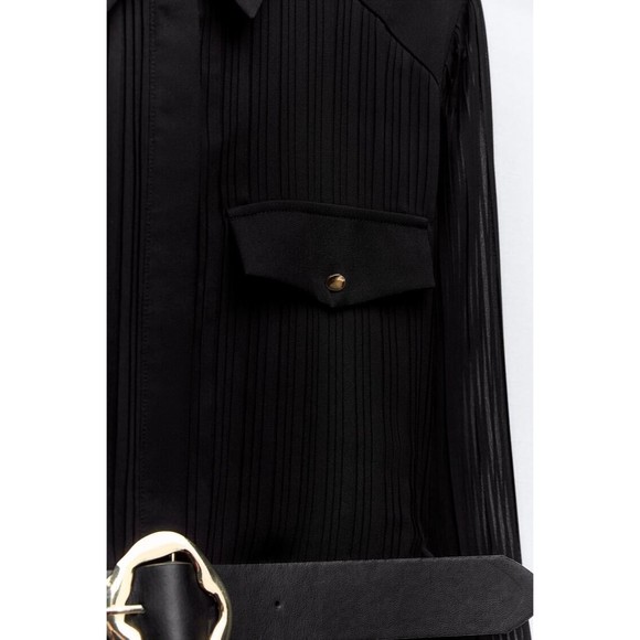 ZARA Women’s Dress Long Sleeve Black Pleated Belted Midi Dress L NEW - Picture 2 of 11
